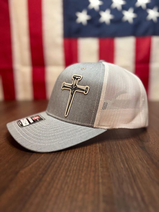 Spiked cross hat, Trucker Hat, Leather Patch Hat, Leatherette patch, Richardson 112 Trucker Hat